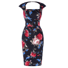 Grace KarinCap Sleeve Square Neck Hollowed Back Hips-Wrapped Retro Vintage Floral Printed Bodycon Pencil Dress CL010444-1